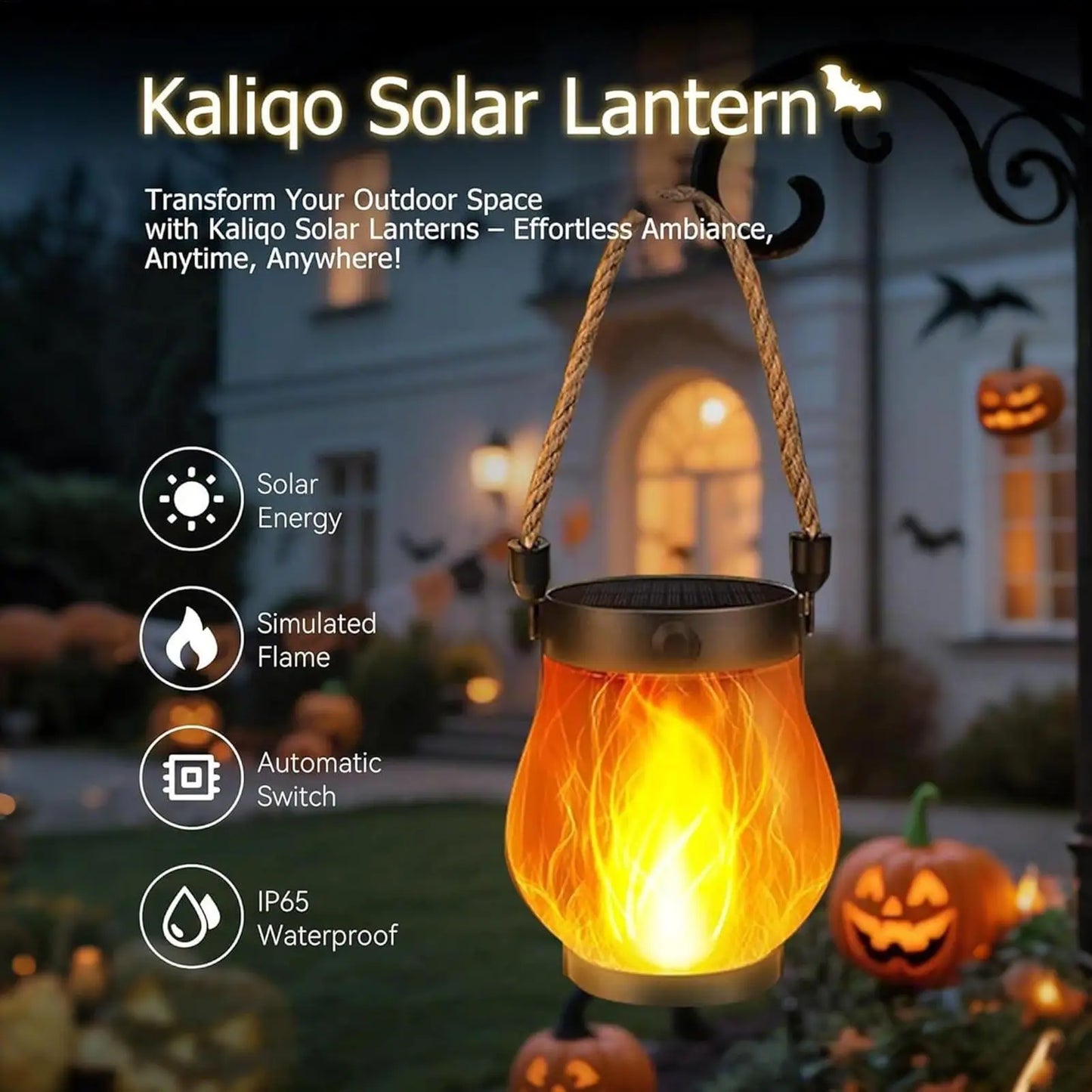 Solar Halloween Flame Lantern, Waterproof Flickering LED Light with USB, Haunted House Garden Balcony Yard Porch Backyard Decor