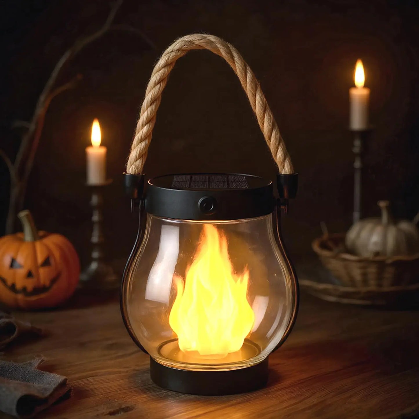 Solar Halloween Flame Lantern, Waterproof Flickering LED Light with USB, Haunted House Garden Balcony Yard Porch Backyard Decor
