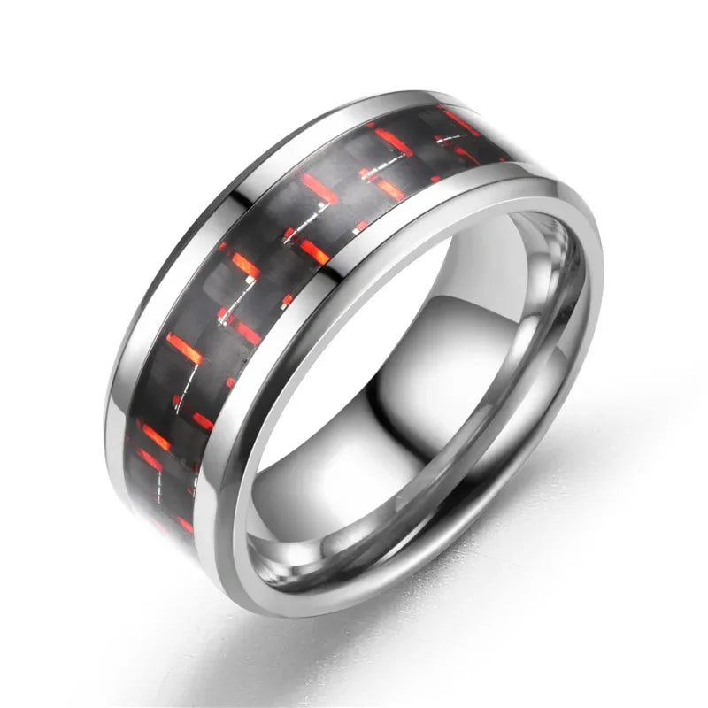8MM Stainless Steel Black Carbon Fiber Rings Fashion Red Blue Ring Anel Masculino Men Women Cool Charm Jewelry Gifts Wholesale