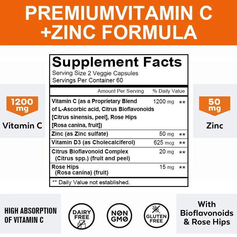 1200 Mg Vitamin C Capsules - with Zinc - Immune System and Collagen Booster, Non-GMO and Gluten-Free Vegetarian