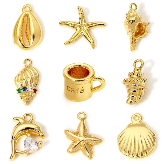 2Piece Brass Ocean Jewelry Charms 18K Gold Color Starfish Conch Dolphin Metal Pendants For Jewelry Making Diy Necklace Supplies