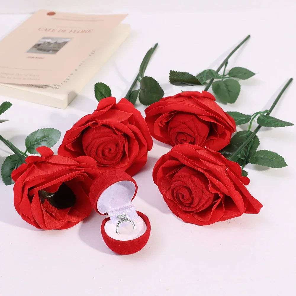 Romantic Rose Flower Ring Boxes Red Velvet Rose Earring Display Holder Gift Box Bridal Wedding Engagement Jewelry Storage Case
