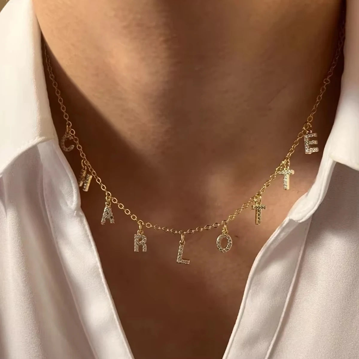 Customized Name Necklace Personalized Zircon 26 Capital Letter Stainless Steel Choker Necklace Pendant Nameplate Jewelry Gift