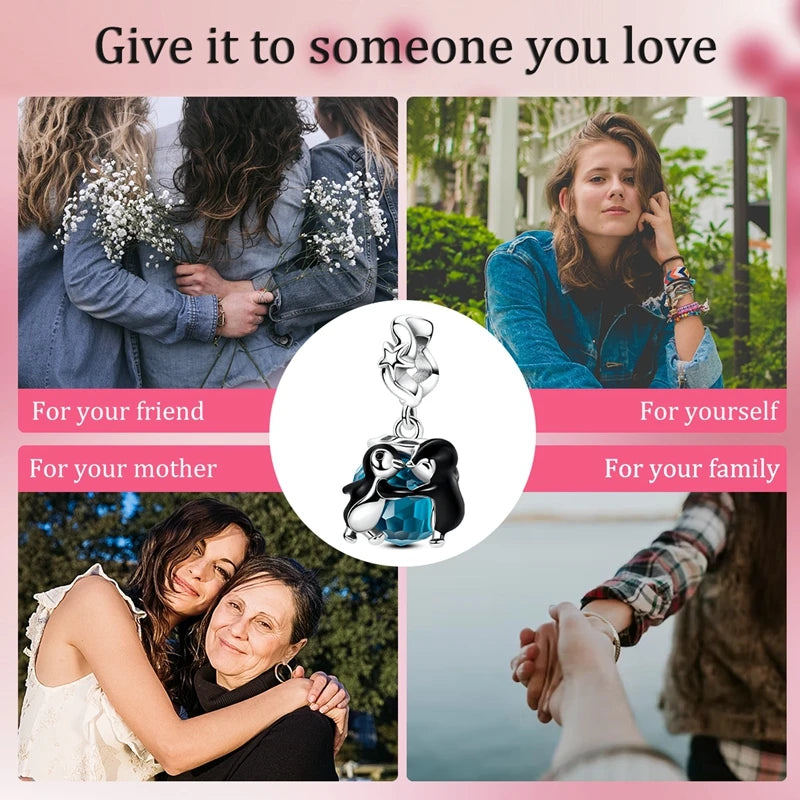 Love Pet Series Cute Blue Penguin Couples Charms Beads Fit DIY 925 Silver Bracelet Necklace Women Anniversary Jewlery Gift