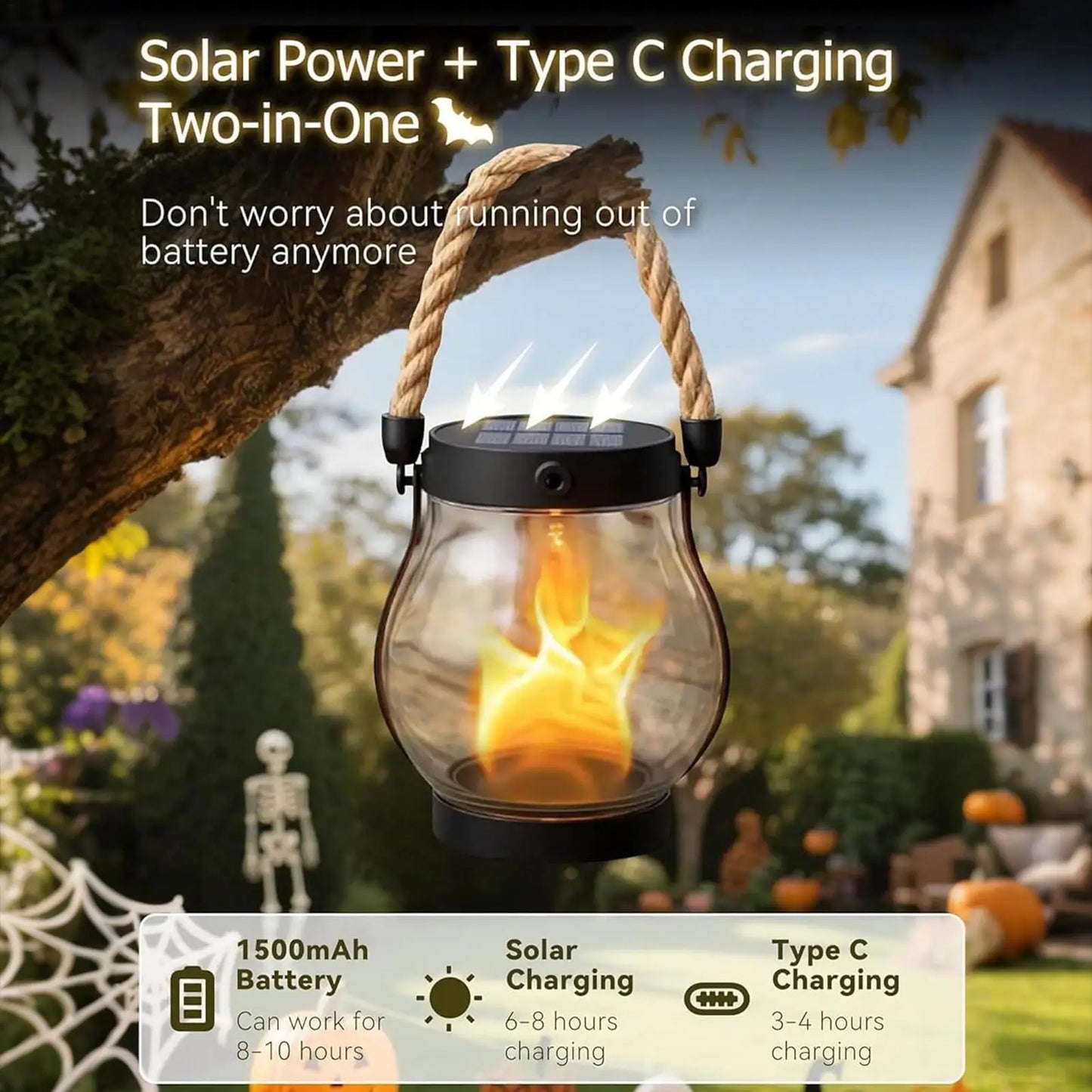 Solar Halloween Flame Lantern, Waterproof Flickering LED Light with USB, Haunted House Garden Balcony Yard Porch Backyard Decor