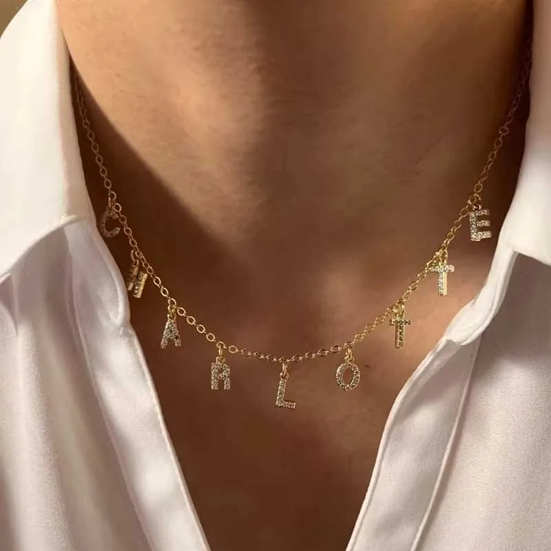 Customized Name Necklace Personalized Zircon 26 Capital Letter Stainless Steel Choker Necklace Pendant Nameplate Jewelry Gift
