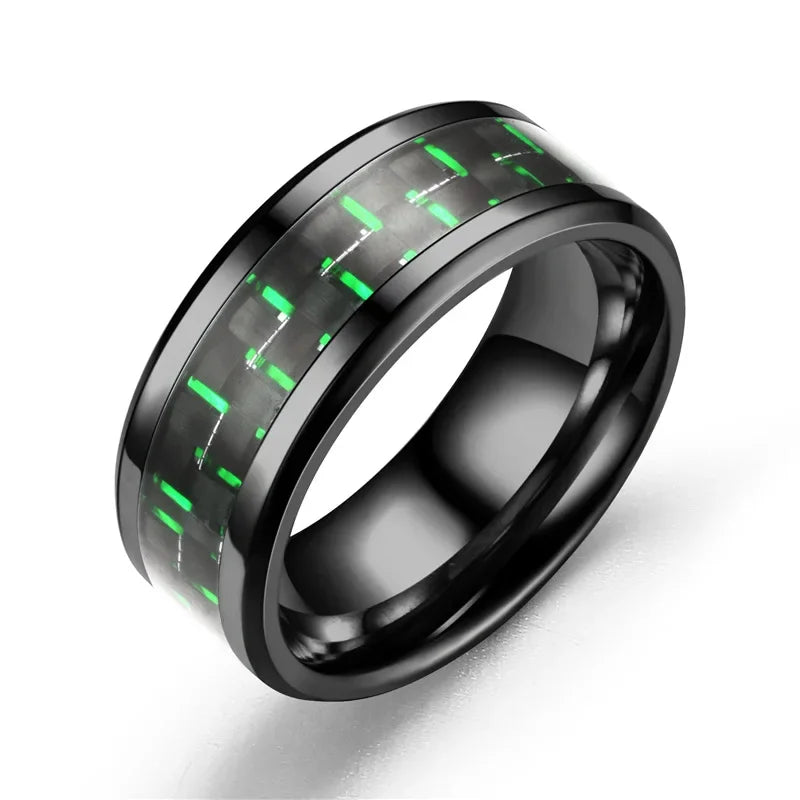 8MM Stainless Steel Black Carbon Fiber Rings Fashion Red Blue Ring Anel Masculino Men Women Cool Charm Jewelry Gifts Wholesale