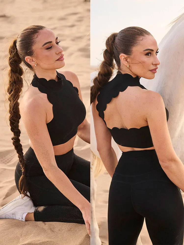 FUBEIKE Women's Hollow-out Lace Tight Top With Chest Pad Nude Feel Sports Vest Fitness Clothing Beauty Back Yoga Clothes Bra