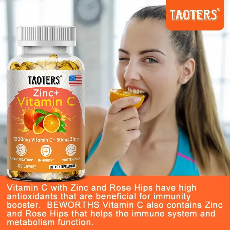 1200 Mg Vitamin C Capsules - with Zinc - Immune System and Collagen Booster, Non-GMO and Gluten-Free Vegetarian