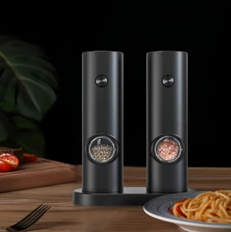 Electric Pepper And Salt Grinder Set Battery Powered With Stylish Base Automatic Pepper Grinder LED Light  Adjustable Thickness