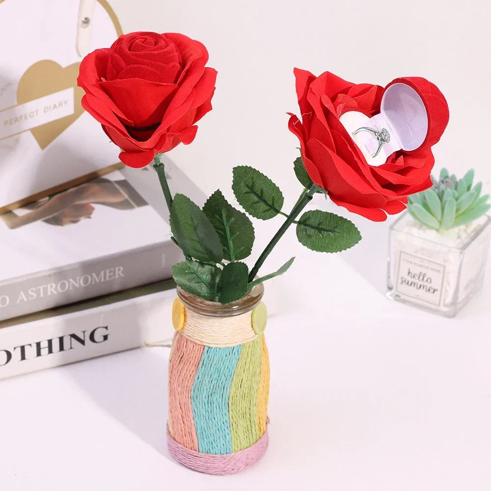 Romantic Rose Flower Ring Boxes Red Velvet Rose Earring Display Holder Gift Box Bridal Wedding Engagement Jewelry Storage Case