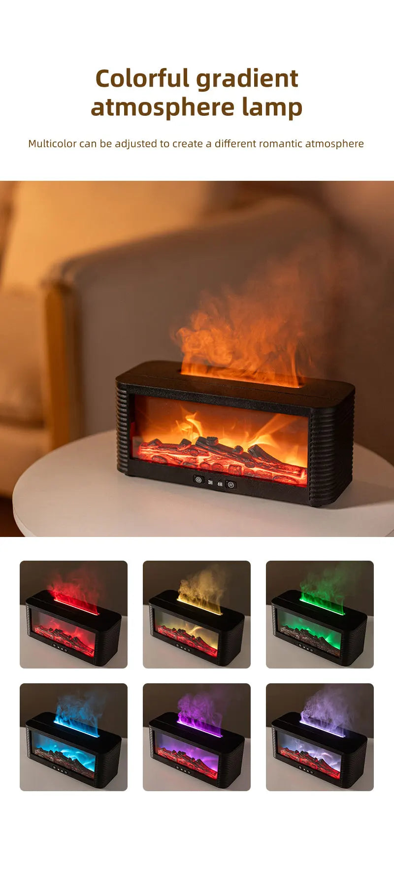 Air Humidifier Flame Fireplace Aroma Essential Oil Diffuser 250ml Desktop Air Diffuser Essential Oil with Timed Colorful Light