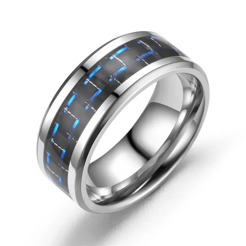 8MM Stainless Steel Black Carbon Fiber Rings Fashion Red Blue Ring Anel Masculino Men Women Cool Charm Jewelry Gifts Wholesale