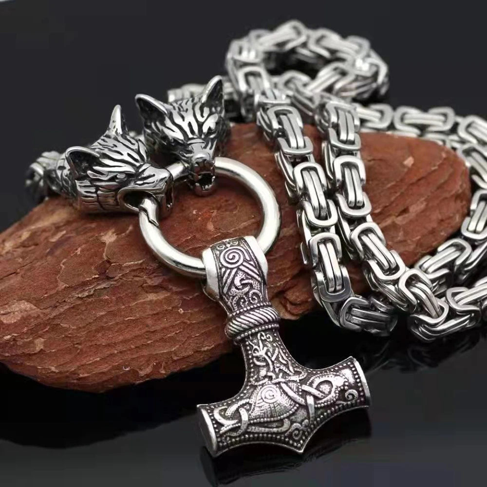 Wolf Head Stainless Steel Pendant Nordic Celtic Wolf Men's Necklace Viking Scandinavian Rune Accessories Norse Amulet Jewelry