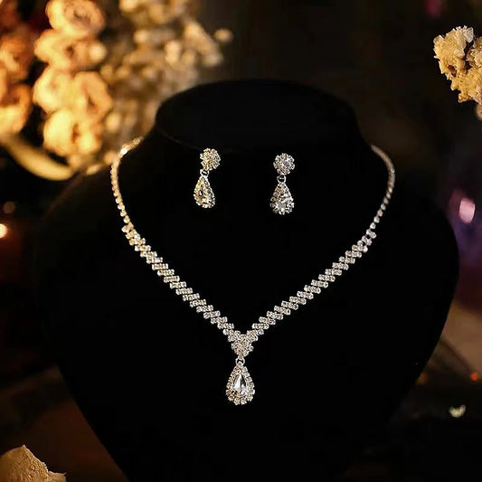 3Pcs Simple Fashion Water Drop Crystal Rhinestones Necklace Earrings Sets For Women Wedding Bride Jewelry Sets Accessories Gift