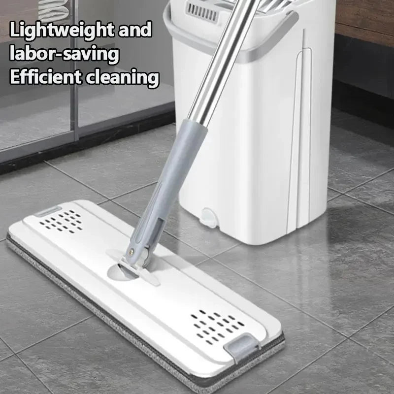 White Hand Free Flat Floor Mop Bucket Set For Professional Home Floor Cleaning System With Washable Microfiber Pads
