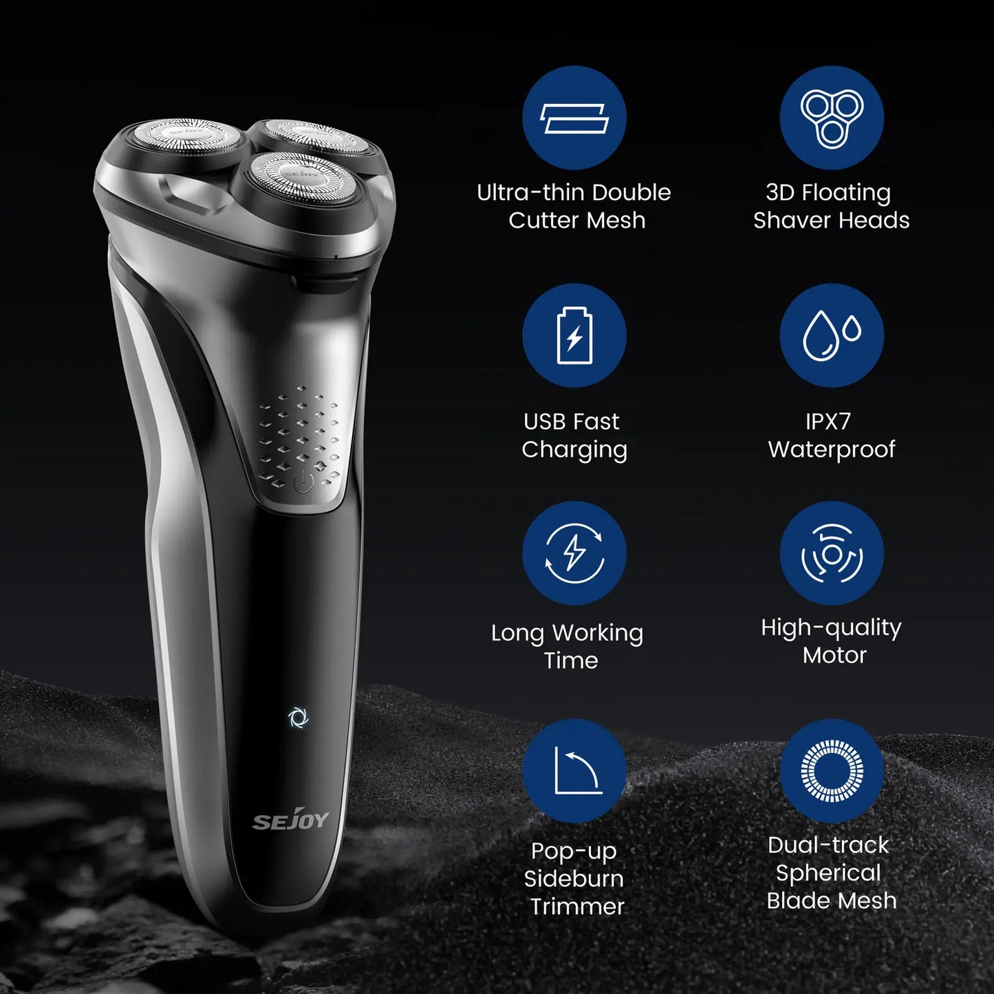 Sejoy Electric Shaver for Men 3D Floating Wet Dry Rotary Shaving Machine Rechargeable Hair Trimmer Waterproof Razor