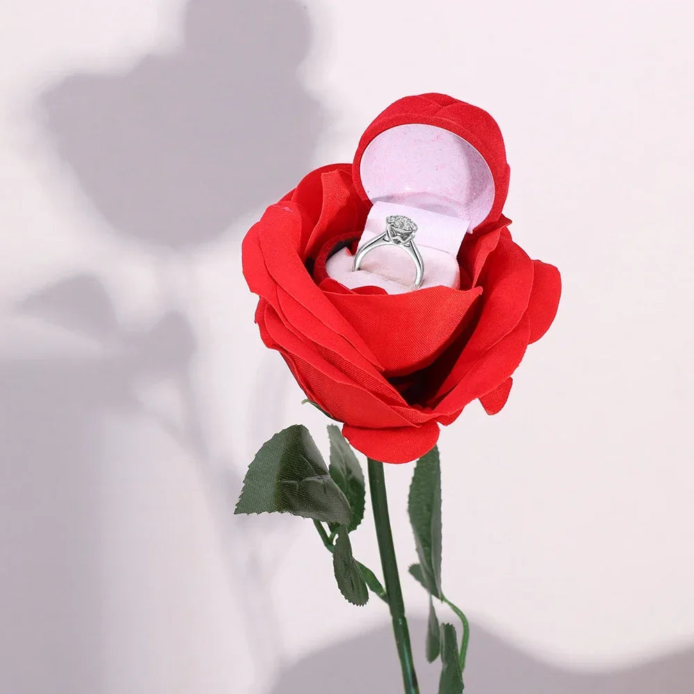 Romantic Rose Flower Ring Boxes Red Velvet Rose Earring Display Holder Gift Box Bridal Wedding Engagement Jewelry Storage Case