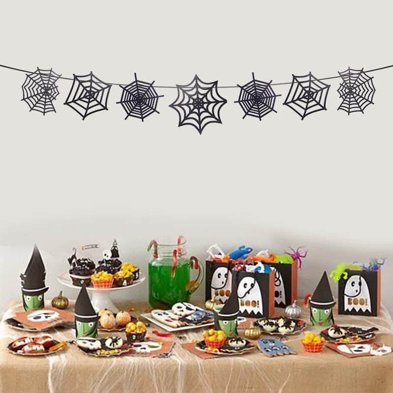 Halloween Party Hanging Banner Garlands Pumpkin Ghost Bat Spider Bunting Paper Banner Halloween Party Home Decorations Props
