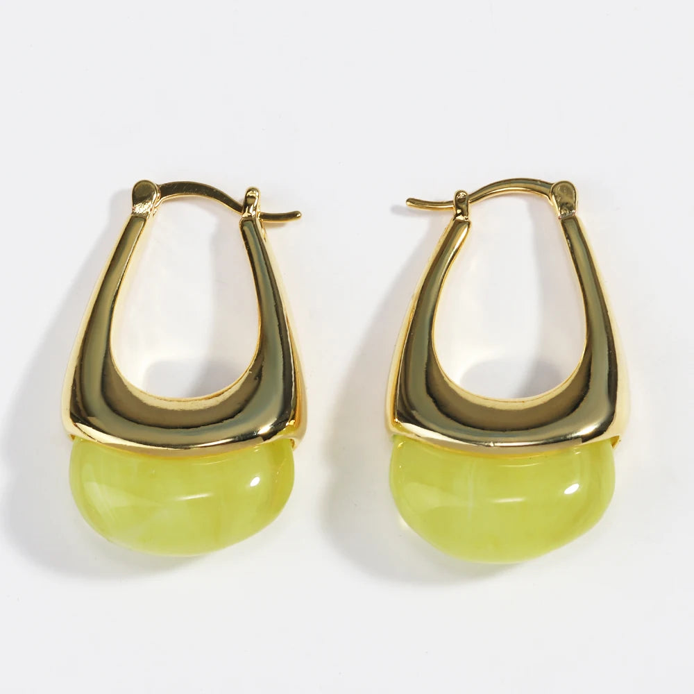 Colorful Transparent Resin Geometric Hoop Earrings for Women U Shape Ear Buckle Hoops with Natural Stone Charms Gifts