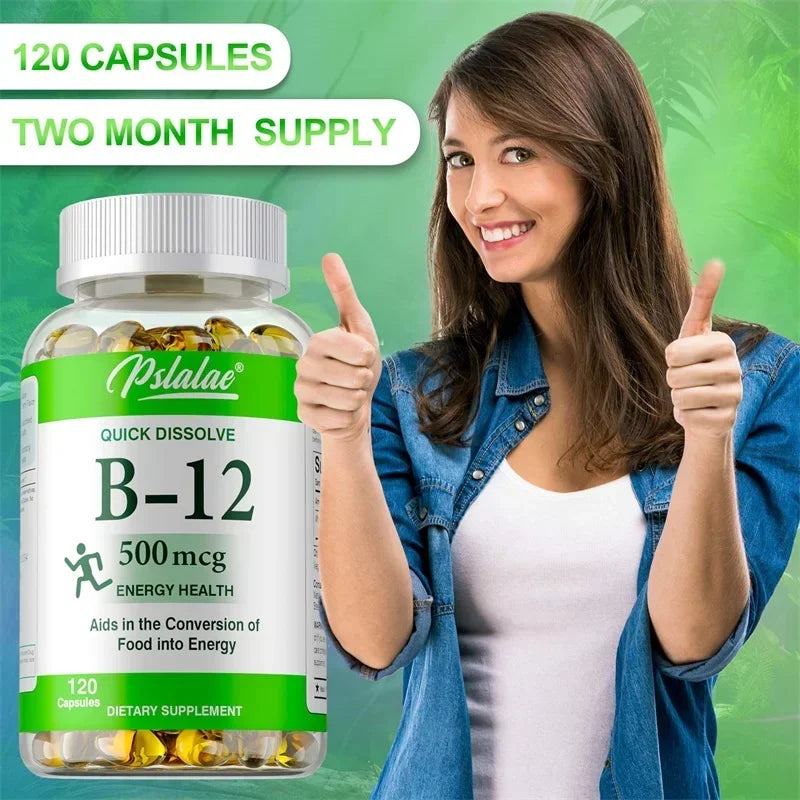 Vitamin B12 Capsules - for Mood, Brain, Nervous System, Energy, Metabolism