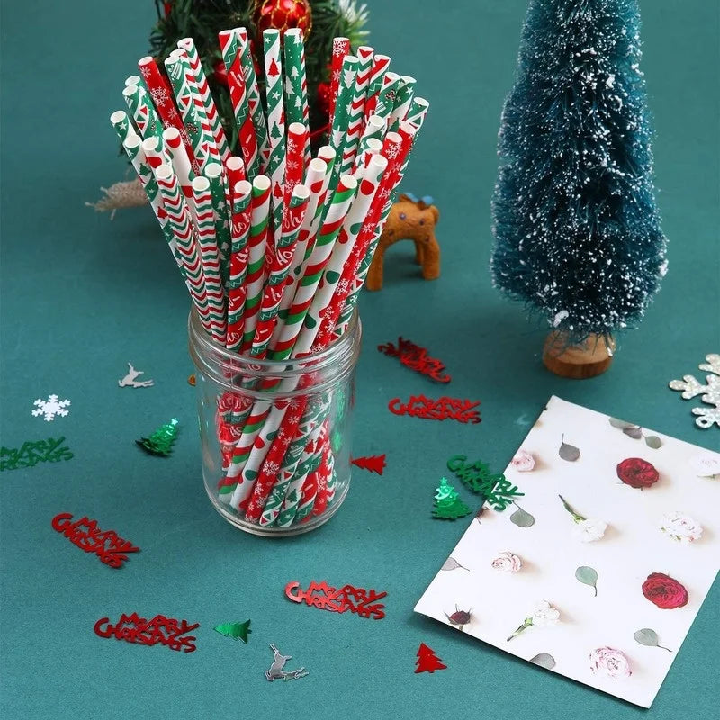 25Pcs Paper Straws Drinking  Striped  Christmas Wedding Happy Birthday Party Cake Straw Decoration Supplies Milk
