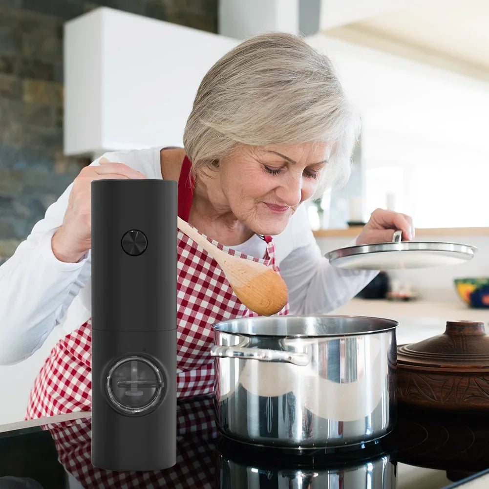 Electric Pepper And Salt Grinder Set Battery Powered With Stylish Base Automatic Pepper Grinder LED Light  Adjustable Thickness