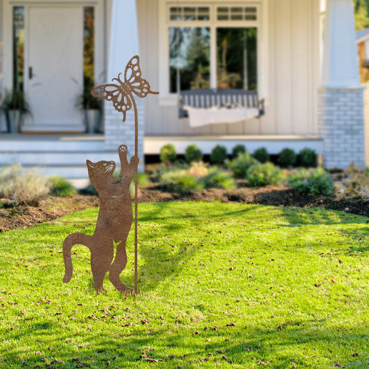 1Pc Rust-Colored Cat Garden Ground, a Fun Outdoor Decoration for Lovers, with Cat and Butterfly Design, Suitable for Multiple Holidays or Modern Gardens, Courtyard Lawn Art.
