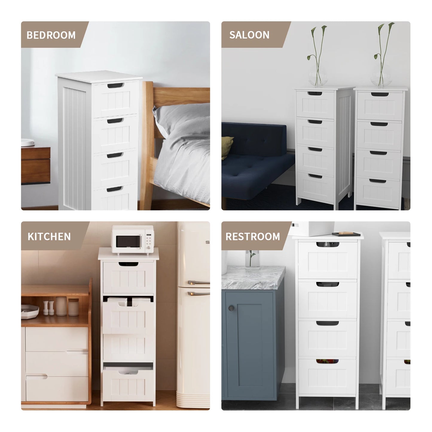 Bathroom Storage Cabinet with 4 Drawers, Wooden Modern Style Free-standing Cabinet for Bathroom, 30 x 30 x 82 cm, White