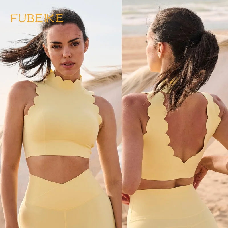 FUBEIKE Women Sport Top Hanging Neck V Collar Yoga Bra Lace Thick Shoulder Strap Beauty Back Women's Tracksuit Running Fitness