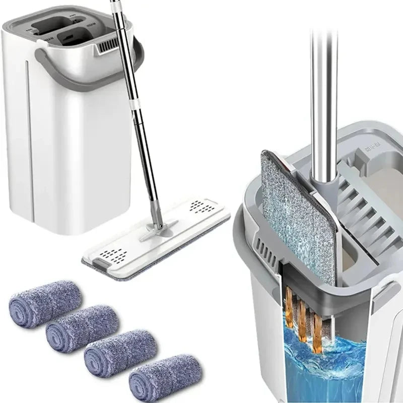 White Hand Free Flat Floor Mop Bucket Set For Professional Home Floor Cleaning System With Washable Microfiber Pads