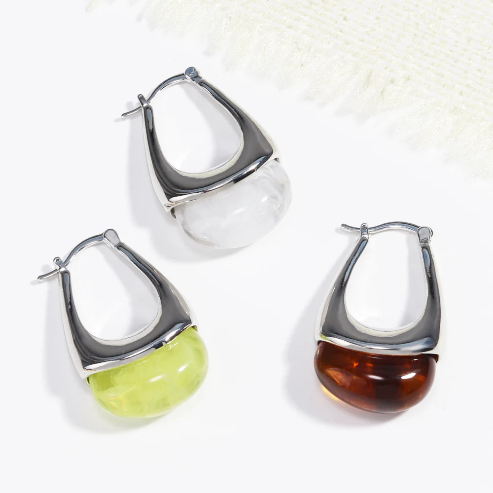 Colorful Transparent Resin Geometric Hoop Earrings for Women U Shape Ear Buckle Hoops with Natural Stone Charms Gifts