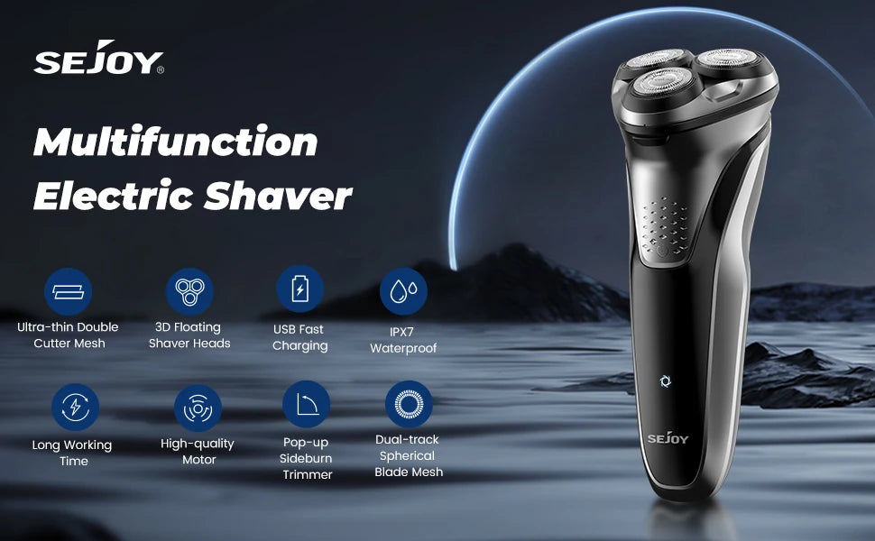 Sejoy Electric Shaver for Men 3D Floating Wet Dry Rotary Shaving Machine Rechargeable Hair Trimmer Waterproof Razor