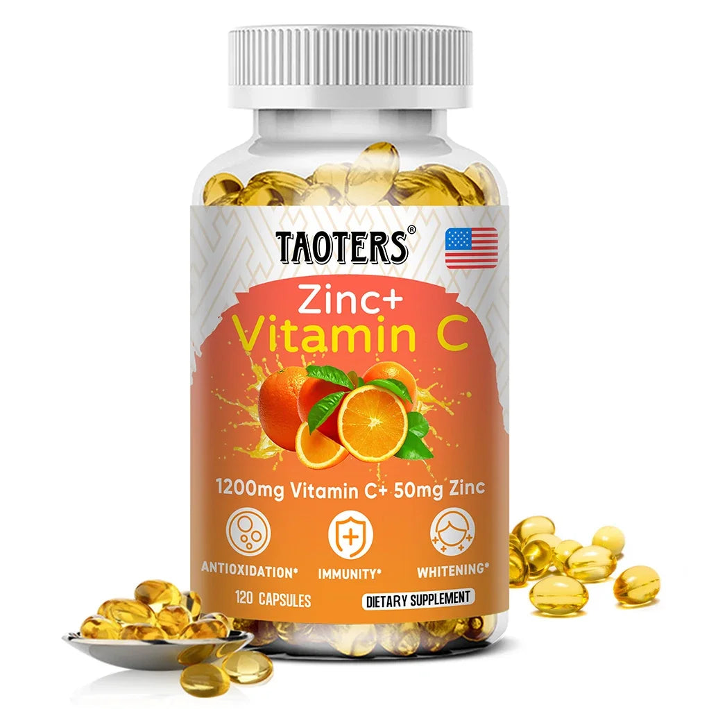 1200 Mg Vitamin C Capsules - with Zinc - Immune System and Collagen Booster, Non-GMO and Gluten-Free Vegetarian