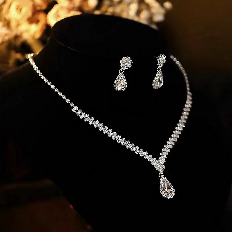3Pcs Simple Fashion Water Drop Crystal Rhinestones Necklace Earrings Sets For Women Wedding Bride Jewelry Sets Accessories Gift