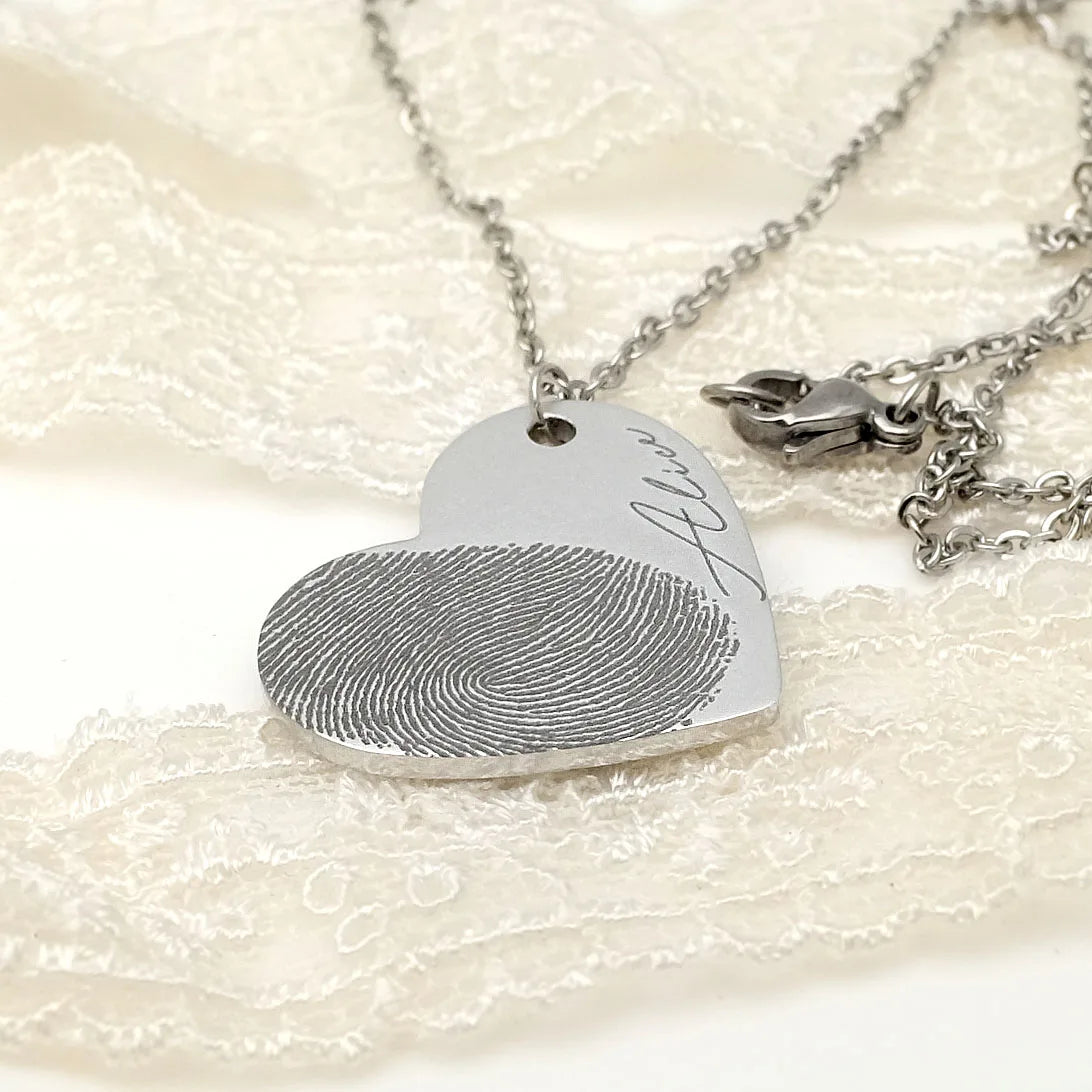 Personalized Fingerprint Necklace Engraved Fingerprint Handwriting Jewelry Heart Pendant Custom Memorial Necklace Gift For Her