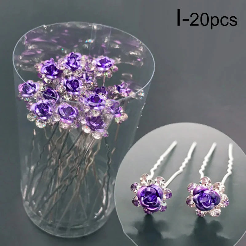 20pcs/lot Fashion U Shape Crystal Hair Fork Rhinestone Flower Hair Pin Sticks For Women Wedding Bridal Hair Accessories Jewelry