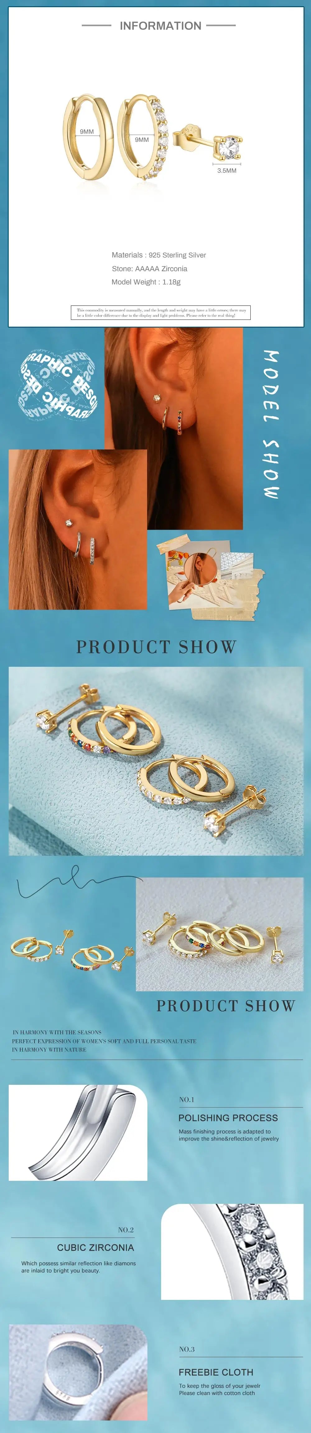 ROXI 925 Sterling Silver 3PCS Western Trend INS DIY Hoop Earring Stud Earring Set Women Exquisite Zircon Street Piercing Jewelry