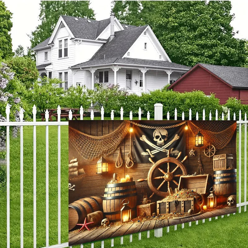 Pirate themed treasure room background, suitable for use as living room, bedroom, office, outdoor space, photography props
