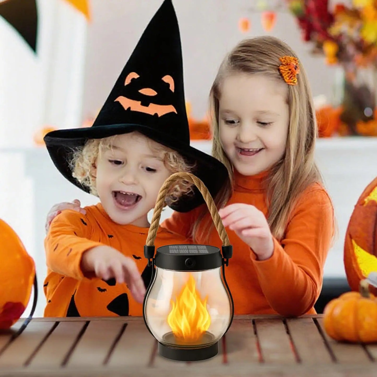 Solar Halloween Flame Lantern, Waterproof Flickering LED Light with USB, Haunted House Garden Balcony Yard Porch Backyard Decor