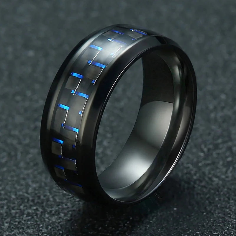 8MM Stainless Steel Black Carbon Fiber Rings Fashion Red Blue Ring Anel Masculino Men Women Cool Charm Jewelry Gifts Wholesale