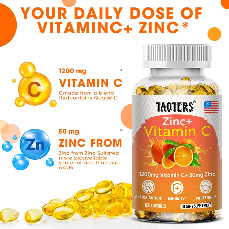 1200 Mg Vitamin C Capsules - with Zinc - Immune System and Collagen Booster, Non-GMO and Gluten-Free Vegetarian