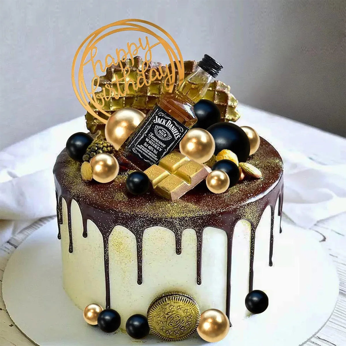 27pcs Pearl Balls Cake Topper Happy Birthday Cake Insert Pick DIYPile Up Insert for  Birthday Party Cake Decoration (Black Gold)