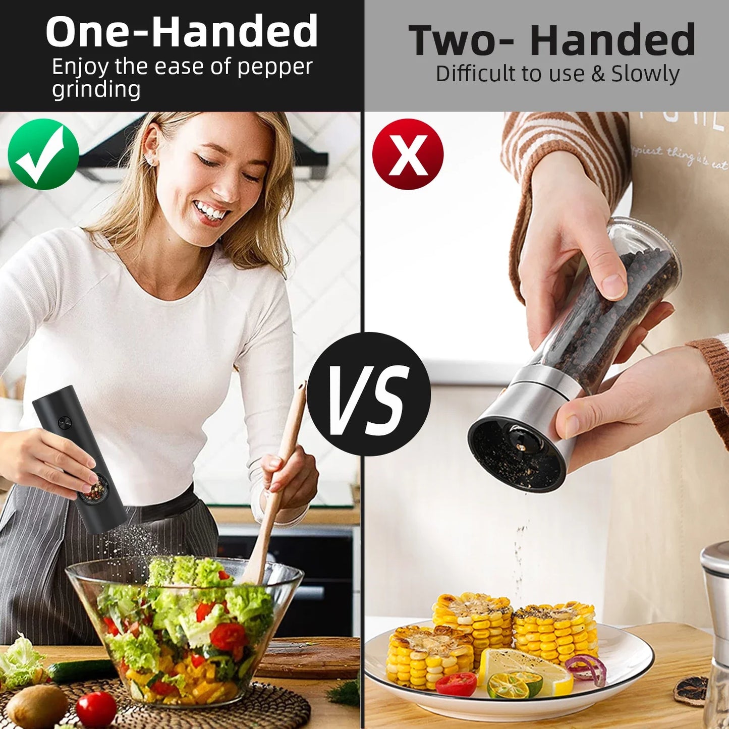Electric Pepper And Salt Grinder Set Battery Powered With Stylish Base Automatic Pepper Grinder LED Light  Adjustable Thickness