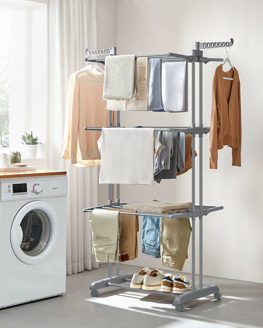 SONGMICS Large Clothes Airer, Foldable Clothes Drying Rack Laundry 4-Tier, Moveable Clothes Horse, 64 x 126 x 172 cm