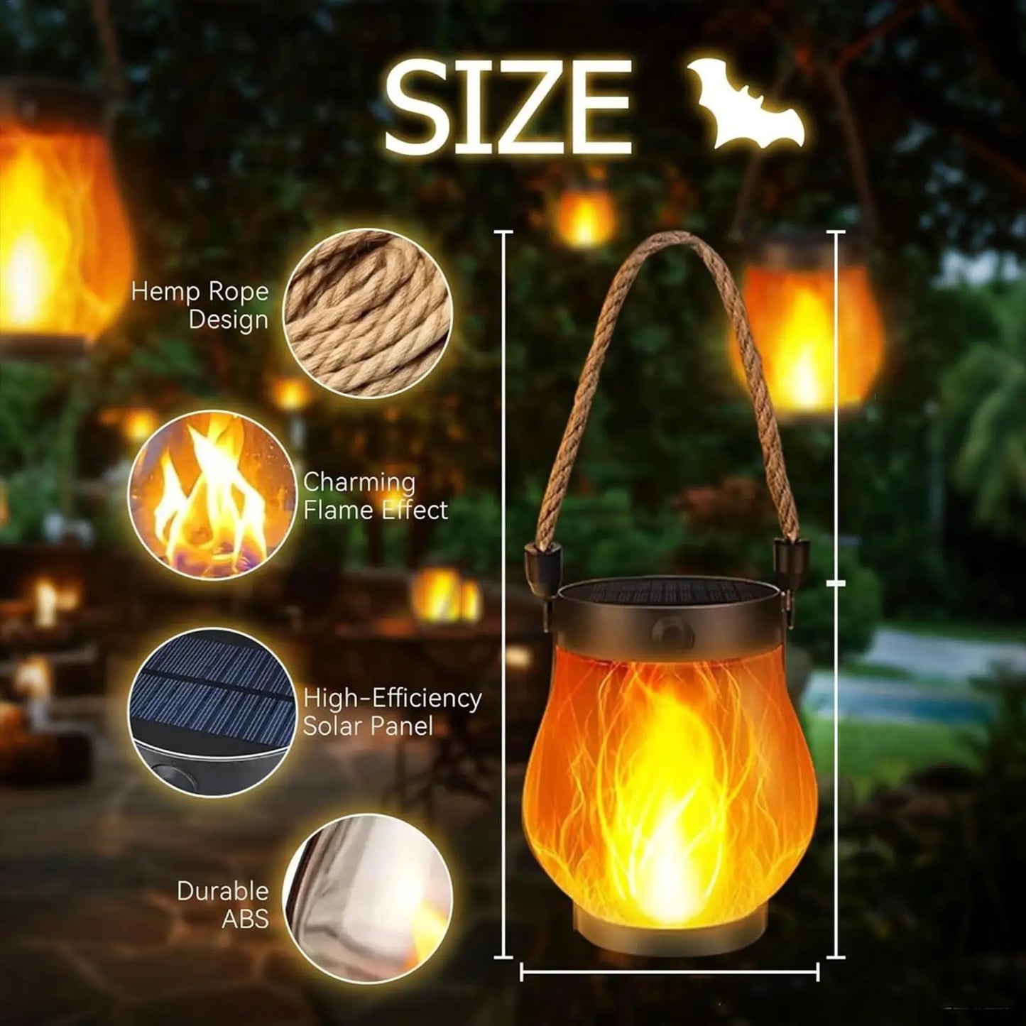Solar Halloween Flame Lantern, Waterproof Flickering LED Light with USB, Haunted House Garden Balcony Yard Porch Backyard Decor