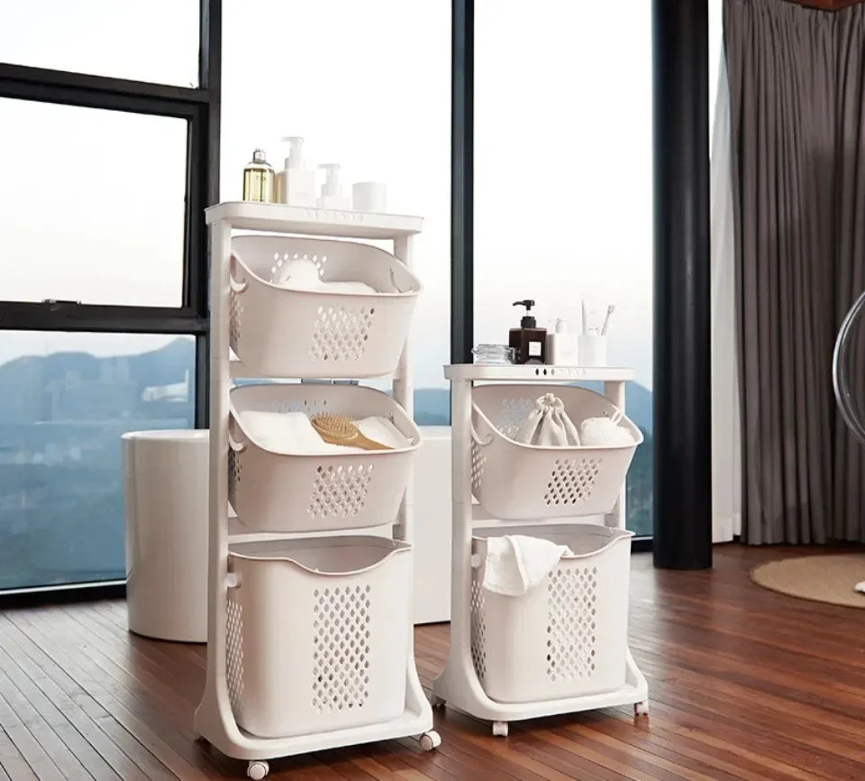 3-Tier Laundry Storage Basket Bathroom Dirty Clothes Storage Basket With Wheel Clothes Sorter Organizer Hamper Rack Rolling Cart