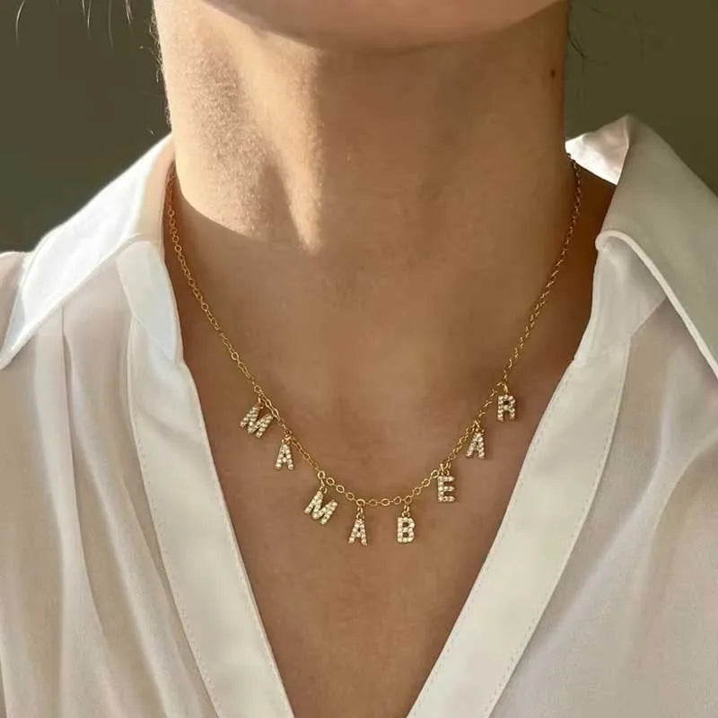 Customized Name Necklace Personalized Zircon 26 Capital Letter Stainless Steel Choker Necklace Pendant Nameplate Jewelry Gift