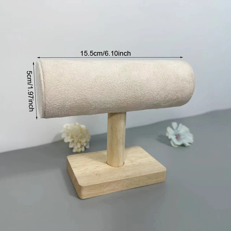 1pc Velvet Bracelet Display Stand With Wooden Base Bangle Necklace Hairbands Watches Jewelry Storage Rack Counter Showcase Props