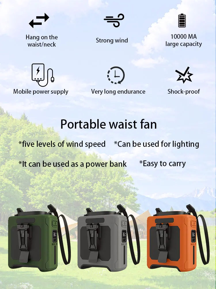 14500mAh Portable Waist Fan one-way Airflow Outlet Turbo Motors with Four Clips Emergency Flashlight Power Bank for Outdoor